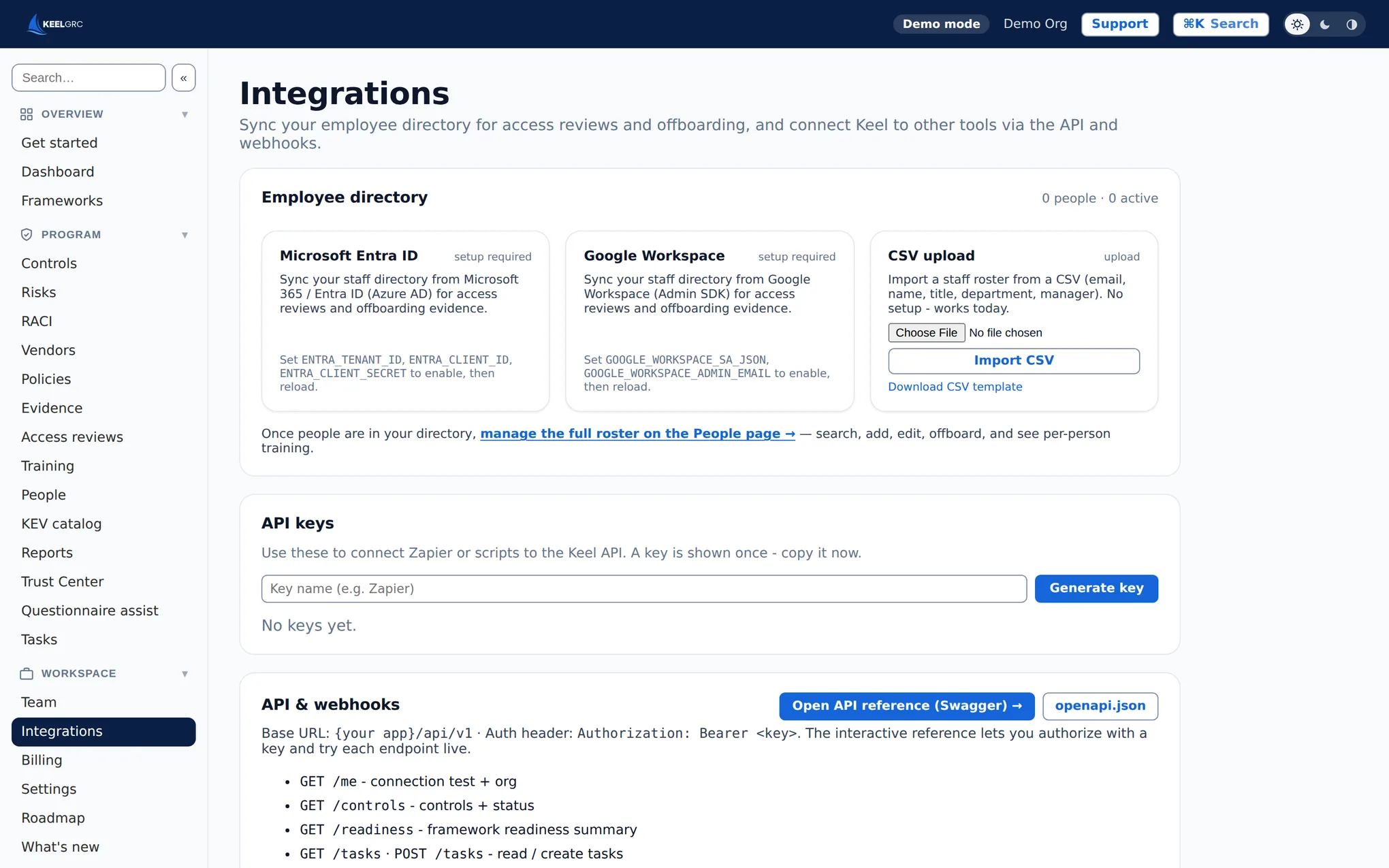 Keel integrations screen showing directory sync and API connections