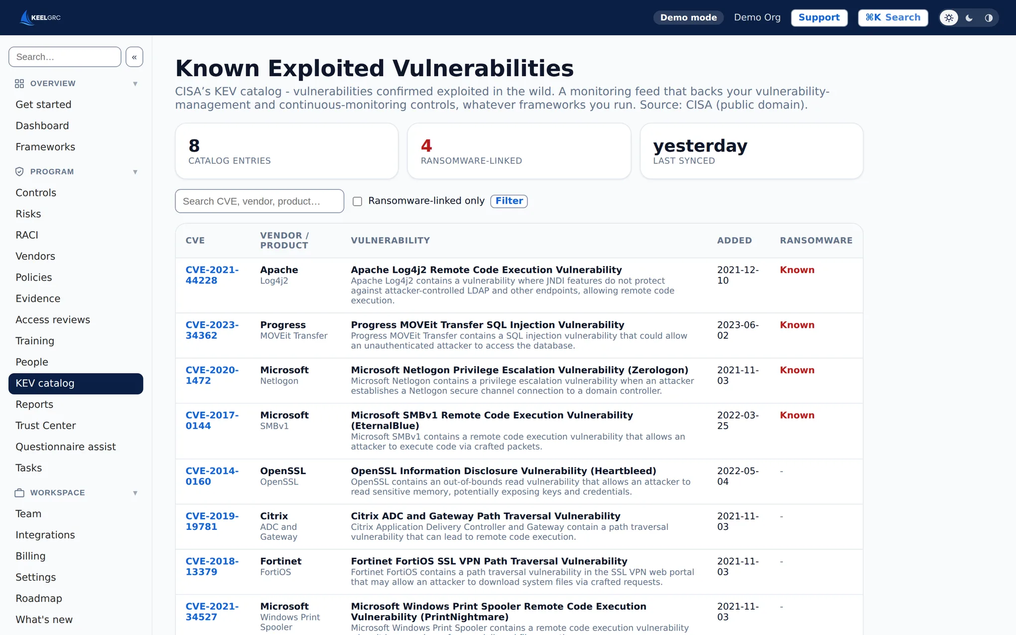 Keel KEV catalog listing known exploited vulnerabilities from the CISA feed