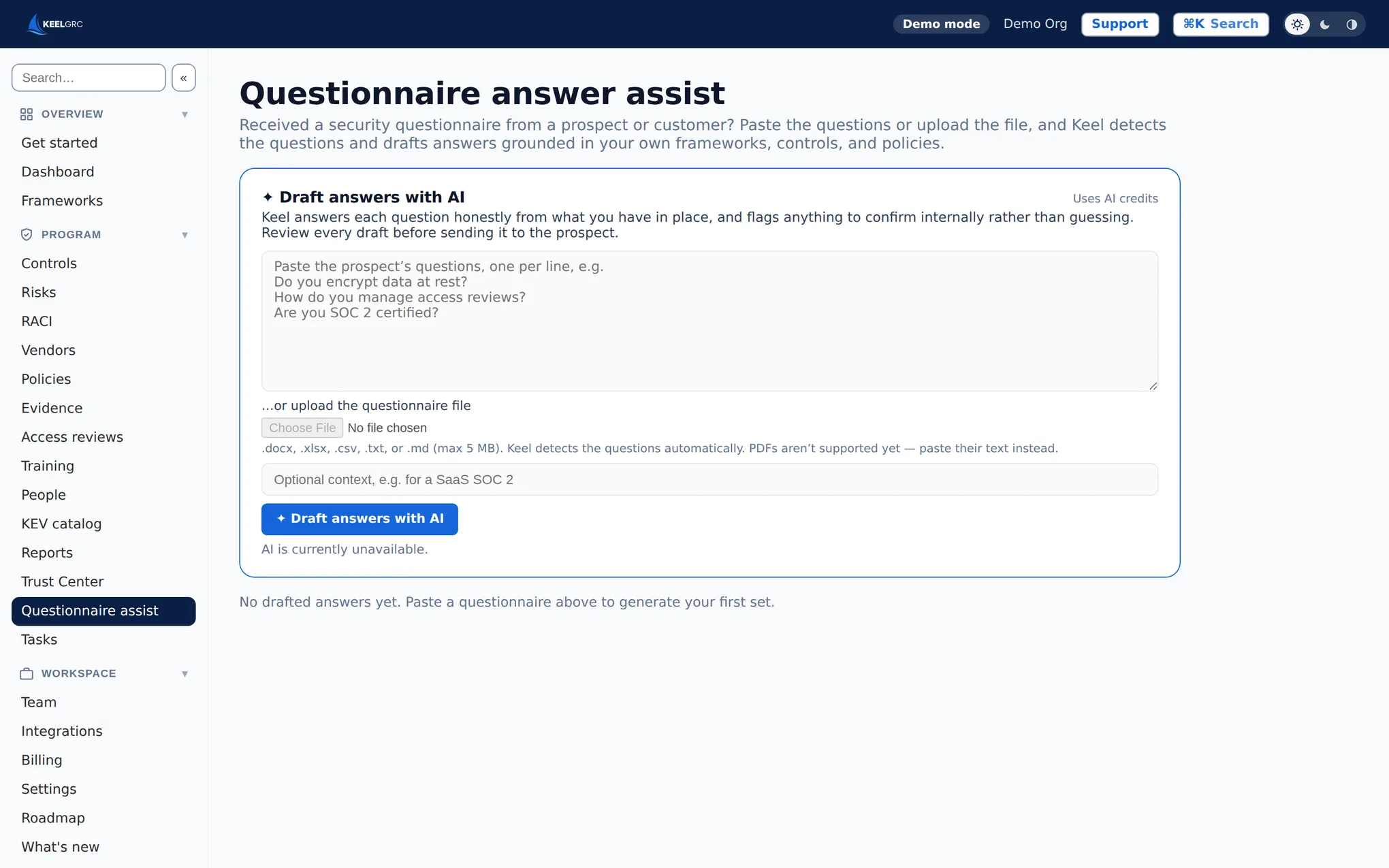 Keel AI drafting answers to a security questionnaire from your controls and policies
