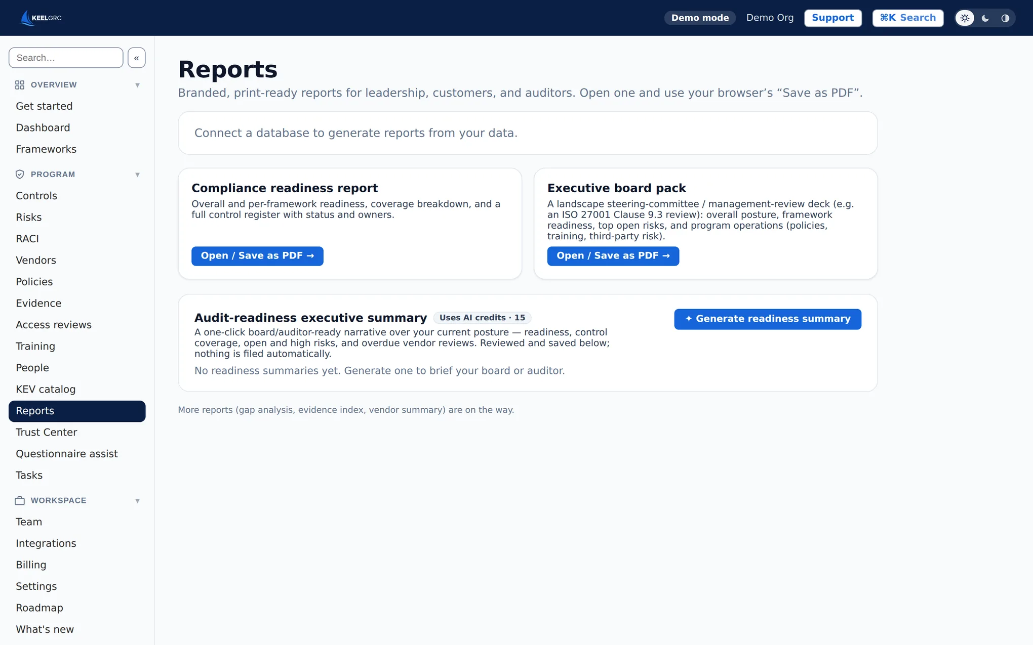 Keel reports screen with a branded, auditor-ready readiness report