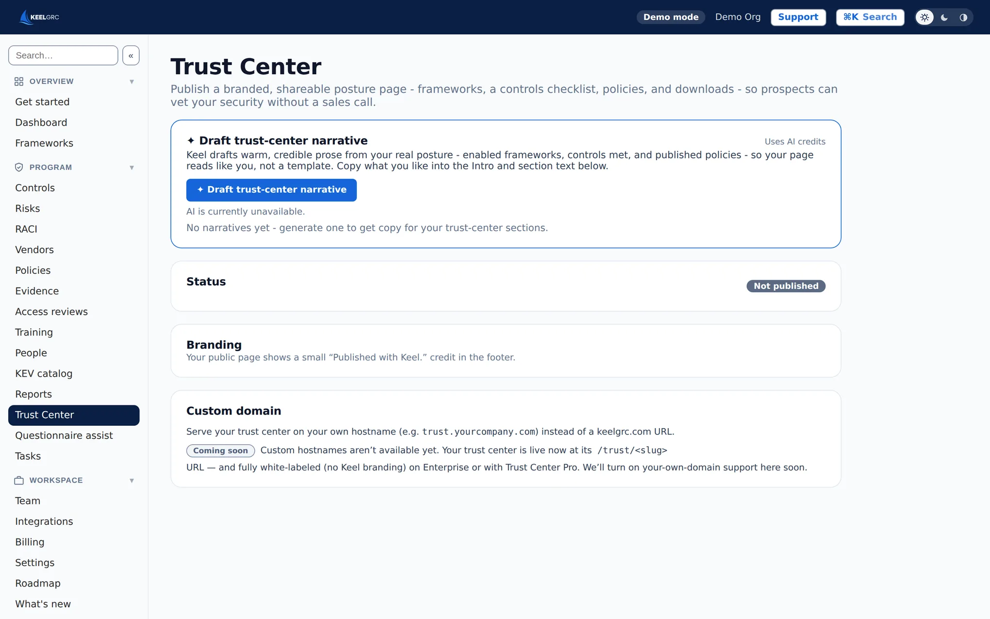 Keel trust center editor showing a branded public security posture page